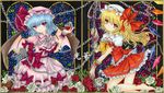  bat_wings blonde_hair blue_hair chain chirori dress flandre_scarlet flower glass hat laevatein multiple_girls red_eyes red_flower red_rose remilia_scarlet rose shikishi short_hair siblings sisters touhou traditional_media white_flower white_rose wings wrist_cuffs 