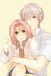  1boy 1girl beelzebub_(manga) blue_eyes blush furuichi_takayuki green_eyes lamia_(beelzebub) necktie open_mouth pink_hair silver_hair tie 