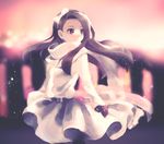  belt brown_hair dress floating_hair gloves hair_ornament idolmaster idolmaster_(classic) jimi_(planeeet) long_hair looking_away minase_iori pink_eyes scarf solo sparkle white_dress winter 