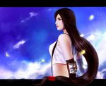  brown_hair elbow_gloves feathers final_fantasy final_fantasy_vii from_side gloves lips lisa_buijteweg long_hair low-tied_long_hair realistic red_eyes solo suspenders tank_top tifa_lockhart 