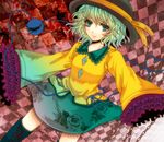  aqua_eyes boots checkered checkered_background dress flower green_hair hat hat_ribbon heart heart-shaped_pupils highres komeiji_koishi ribbon shisei_(kyuushoku_banchou) skirt sleeves_past_wrists smile solo symbol-shaped_pupils third_eye touhou 