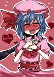 ^_^ blue_hair blush closed_eyes english fang hat heart open_mouth remilia_scarlet short_hair skirt skirt_set smile solo takorice touhou upper_body wings wristband 