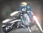  ahoge armor armored_dress artoria_pendragon_(all) blonde_hair blue_eyes dress excalibur fate/zero fate_(series) faulds gauntlets glowing glowing_sword glowing_weapon greaves ground_vehicle hair_ribbon motor_vehicle motorcycle puffy_sleeves ribbon saber solo sword tatsuya1227 weapon 