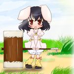  :o animal_ears arm_warmers bad_id bad_pixiv_id black_hair bloomers blue_sky blush bunny_ears carrot cloud day dress grass hammer holding inaba_tewi jewelry leg_warmers looking_at_viewer o_omune_(kagu8) open_mouth outdoors pendant pink_dress red_eyes ribbon shoes short_hair sky solo touhou underwear v_arms 