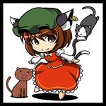  :3 animal_ears border brown_eyes brown_hair cat cat_ears cat_tail chen chibi closed_eyes dress hat jewelry kou512a multiple_tails nekomata o_o single_earring solo tail touhou two_tails 