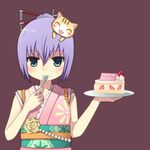 bad_id bad_pixiv_id blue_eyes blush blush_stickers cake cat eating food food_on_face fork fruit hair_ornament hair_stick happy_birthday holding holding_fork japanese_clothes kimono millie_(paperman) nekomo paper_man plate purple_background purple_hair simple_background slice_of_cake solo strawberry 