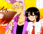  asdge23 beelzebub_(manga) black_hair blue_eyes blush glasses himekawa_tatsuya jewelry necklace necktie purple_hair ring school_uniform sunset tanimura_chiaki tie 