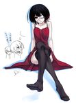  1girl another black_hair black_legwear chibi chibi_inset collarbone crossed_legs dreamcatcher dress eyepatch highres legs long_legs looking_at_viewer misaki_mei red_dress red_eyes sakakibara_kouichi short_hair sitting thighhighs thighs translation_request 