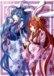  2girls absurdres animal_ears blue_eyes blue_hair breasts bunny_ears chinese_zodiac elf highres hoshi_no_gen japanese_clothes kimono long_hair looking_at_another medium_breasts multiple_girls new_year no_nose original pointy_ears red_eyes red_hair smile very_long_hair year_of_the_rabbit 