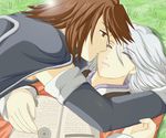  book brown_eyes brown_hair cape detached_sleeves grey_hair kratos_aurion raine_sage refill_sage sleeping tales_of_(series) tales_of_symphonia 