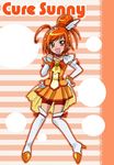  :d boots bow bowtie brooch character_name choker cure_sunny earrings eyelashes full_body hair_bun hair_ornament hairpin hand_on_hip happy hino_akane_(smile_precure!) jewelry nanjou_akimasa open_mouth orange_(color) orange_background orange_choker orange_eyes orange_hair orange_neckwear orange_skirt precure red_shorts short_hair shorts shorts_under_skirt skirt smile smile_precure! solo thigh_boots thighhighs white_legwear 