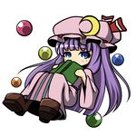  blue_eyes book book_to_mouth boots chibi covering_mouth crescent dress full_body hat hat_ribbon holding holding_book kou512a long_hair open_book orb patchouli_knowledge purple_hair ribbon simple_background solo touhou white_background 