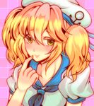  blonde_hair blue_sailor_collar blush finger_to_mouth hat kitashirakawa_chiyuri long_hair sailor_collar sailor_hat school_uniform serafuku shisei_(kyuushoku_banchou) solo touhou touhou_(pc-98) twintails yellow_eyes 