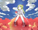  apple blue_eyes cloud day food fruit green_hair long_hair original oversized_object shoes sitting sky snowflyer socks solo two_side_up 