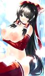  areolae black_hair bow breast_hold breasts brown_eyes elbow_gloves gloves hair_bow hair_tubes hakurei_reimu highres huatu_jiang huge_breasts large_areolae light_particles long_hair navel nipples open_mouth red_gloves red_legwear solo thighhighs touhou very_long_hair 