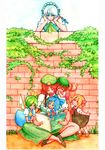  :&gt; :/ :d :o acrylic_paint_(medium) animal_ears beret blonde_hair blue_hair book brick_wall cat_ears cat_tail chen child chin_rest cirno closed_eyes colored_pencil_(medium) commentary daiyousei green_hair hat highres hong_meiling izayoi_sakuya knife long_hair maid_headdress motherly multiple_girls open_mouth reading red_hair rumia short_hair sitting sitting_on_lap sitting_on_person smile tail team_9 terrajin touhou traditional_media weapon wings 