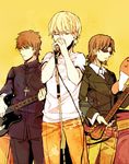  alternate_costume bad_id bad_pixiv_id band belt blonde_hair brown_eyes brown_hair cross cross_necklace earrings facial_hair fate/zero fate_(series) goatee guitar instrument jewelry kotomine_kirei male_focus microphone microphone_stand multiple_boys necklace priest shirt sunglasses t-shirt toosaka_tokiomi toriatte yellow_background 