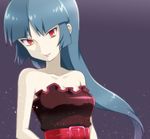  bare_shoulders belt blue_hair dress hizuki_akira light_smile long_hair looking_at_viewer natsume_(pokemon) pokemon pokemon_(game) pokemon_rgby purple_background red_eyes smile solo strapless strapless_dress upper_body 