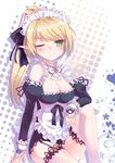  ;) apron blonde_hair breasts cleavage detached_sleeves dexp elsword frills garter_belt green_eyes maid medium_breasts one_eye_closed pointy_ears rena_(elsword) smile thighhighs 