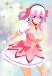  absurdres artist_request blush choker company_connection cosplay dress gloves headphones highres kaname_madoka kaname_madoka_(cosplay) look-alike mahou_shoujo_madoka_magica nitroplus purple_hair red_eyes ribbon short_hair smile solo super_sonico twintails 