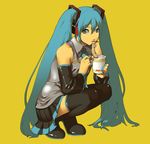  aqua_eyes aqua_hair boots chopsticks cup_ramen detached_sleeves eating food hatsune_miku highres kamaboko long_hair narutomaki necktie noodles sakuwa simple_background skirt solo squatting thigh_boots thighhighs tiptoes twintails very_long_hair vocaloid yellow_background 