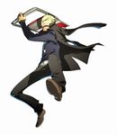  angry belt black_eyes blonde_hair chair delinquent ear_piercing fangs fighting_stance folding_chair jacket jacket_on_shoulders jolly_roger jumping long_sleeves looking_at_viewer male_focus official_art open_mouth pants persona persona_4 persona_4:_the_ultimate_in_mayonaka_arena piercing scar shoes soejima_shigenori solo tatsumi_kanji widow's_peak 