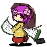  calligraphy_brush chibi flower from_behind hair_flower hair_ornament hieda_no_akyuu holding japanese_clothes kimono kou512a looking_back paintbrush purple_hair red_eyes scroll simple_background smile solo touhou umbrella white_background 