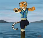  avian balancing claws detailed_background feline female invalid_background kung_fu_panda mammal master_tigress pawpads paws peacock post prinzeburnzo smile solo tiger water wood 