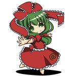  bow chibi dress front_ponytail full_body green_eyes green_hair hair_ribbon kagiyama_hina kou512a long_hair looking_at_viewer outstretched_arms red_dress ribbon simple_background smile solo standing standing_on_one_leg touhou white_background 