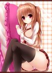 black_legwear blush brown_hair cameltoe cassini_m_bisuko highres legs long_hair looking_at_viewer one_side_up original panties pillow pink_eyes solo striped striped_panties sweater_vest syroh thighhighs thighs underwear 