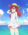  :d ano_natsu_de_matteru blue_eyes bow cloud day glasses hand_on_headwear hat hat_bow hat_ribbon highres long_hair looking_back ocean open_mouth red_hair ribbon sky smile snowflyer solo standing takatsuki_ichika wading water wind wind_lift 
