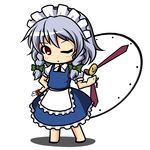  bow braid brown_eyes chibi clock dagger hair_bow holding izayoi_sakuya kou512a maid maid_headdress one_eye_closed pocket_watch simple_background solo standing touhou twin_braids watch weapon white_background 