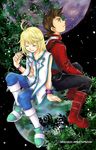  2boys blonde_hair boots bracelet brown_eyes brown_hair eyes_closed gloves jewelry lloyd_irving mithos_yggdrasill multiple_boys pants tales_of_(series) tales_of_symphonia 