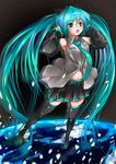  aqua_eyes aqua_hair boots detached_sleeves hatsune_miku headphones highres long_hair navel neckerchief open_mouth planet skirt smile solo space star_(sky) tadano_magu thigh_boots thighhighs twintails very_long_hair vocaloid 