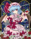  bat_wings blue_hair chain chirori dress flower glass hat red_eyes red_flower red_rose remilia_scarlet rose shikishi short_hair solo touhou traditional_media white_flower white_rose wings wrist_cuffs 