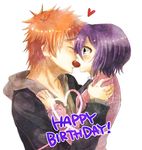  1boy 1girl bleach blue_eyes blush eyes_closed food fruit heart hood kiss kuchiki_rukia kurosaki_ichigo mouth_hold orange_hair purple_hair rukia111 short_hair shoulder_grab strawberry surprised 