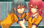  aqua_eyes aqua_hair hand_on_shoulder inazuma_eleven_(series) inazuma_eleven_go kariya_masaki kirino_ranmaru long_hair looking_at_viewer male_focus multiple_boys pink_hair shisei_(kyuushoku_banchou) smile soccer_uniform sportswear striped striped_background vertical-striped_background vertical_stripes yellow_eyes 