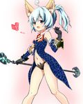  animal_ears blue_eyes blue_hair detached_sleeves elin_(tera) fox_ears gloves long_hair navel panties solo tail tera_online twintails underwear weapon yuzuyoukan 