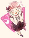  :d ^_^ bad_id bad_pixiv_id bow closed_eyes dress english hair_bow hands_on_own_face heart open_mouth original pink_hair sakuragi_kei smile solo 