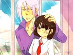  asdge23 beelzebub_(manga) black_hair blush brown_eyes city cloud clouds himekawa_tatsuya necktie purple_hair tanimura_chiaki tie 