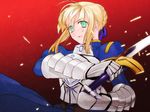  ahoge armor armored_dress artoria_pendragon_(all) bad_id bad_pixiv_id blonde_hair dress excalibur fate/stay_night fate_(series) gauntlets green_eyes hair_ribbon nito_(siccarol) puffy_sleeves ribbon saber solo sword weapon 