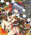  alternate_costume black_hair black_wings breasts chirori cleavage hat looking_at_viewer mask medium_breasts shameimaru_aya shikishi short_hair solo tengu tengu_mask tokin_hat touhou traditional_media wings 