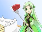  breasts cake food fork fruit green_eyes green_hair happy long_hair martel_yggdrasil martel_yggdrasill smile strawberry tales_of_(series) tales_of_symphonia 