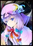  bad_id bad_pixiv_id blue_eyes border bow crescent dress hair_bow hat hat_ribbon llowoll long_hair patchouli_knowledge purple_hair ribbon solo striped touhou vertical_stripes 