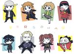  4girls amagi_yukiko androgynous bad_id bad_pixiv_id bear black_eyes chibi closed_eyes copyright_name crossdressing everyone fan gun hanamura_yousuke headphones headphones_around_neck jacket_on_shoulders kujikawa_rise kuma_(persona_4) looking_at_viewer looking_away multiple_boys multiple_girls narukami_yuu open_mouth pantyhose persona persona_4 reverse_trap satonaka_chie school_uniform serafuku serious shirogane_naoto skirt smile sword tatsumi_kanji weapon yoshida_morohe zipper 