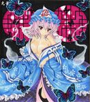  bare_shoulders breasts bug butterfly chirori cleavage dress hat insect medium_breasts off_shoulder pink_hair saigyouji_yuyuko shikishi short_hair solo spirit touhou traditional_media 