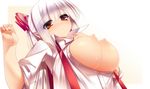  blush bow breasts breasts_outside dragonmaterial fujiwara_no_mokou hair_bow hair_ribbon highres large_breasts long_hair nipples open_clothes open_shirt red_eyes ribbon shirt silver_hair sleeves_rolled_up solo suspenders touhou white_hair 