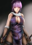  ayane_(doa) breasts china_dress chinese_clothes cleavage dead_or_alive dress fishnet_gloves fishnet_pantyhose fishnets gloves katana large_breasts nannacy7 pantyhose purple_hair red_eyes short_hair sword thigh_strap weapon 
