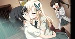  3girls anime, blood blush boku, boku_wa_tomodachi_ga_sukunai closed_eyes eyes_closed glasses incipient_kiss kashiwazaki_sena labcoat long_hair mikazuki_yozora multiple_girls nosebleed ponytail purple_eyes school_uniform sena, series shiguma_rika short_hair skirt watching yozora, yuri 