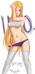  1girl artist_request bandage bandages blonde_hair blue_eyes character_name hair_down long_hair long_image looking_at_viewer midriff mound_of_venus naruto navel panties panty_pull purple_panties sarashi solo standing starchii tall_image thighhighs underwear very_long_hair white_legwear yamanaka_ino 